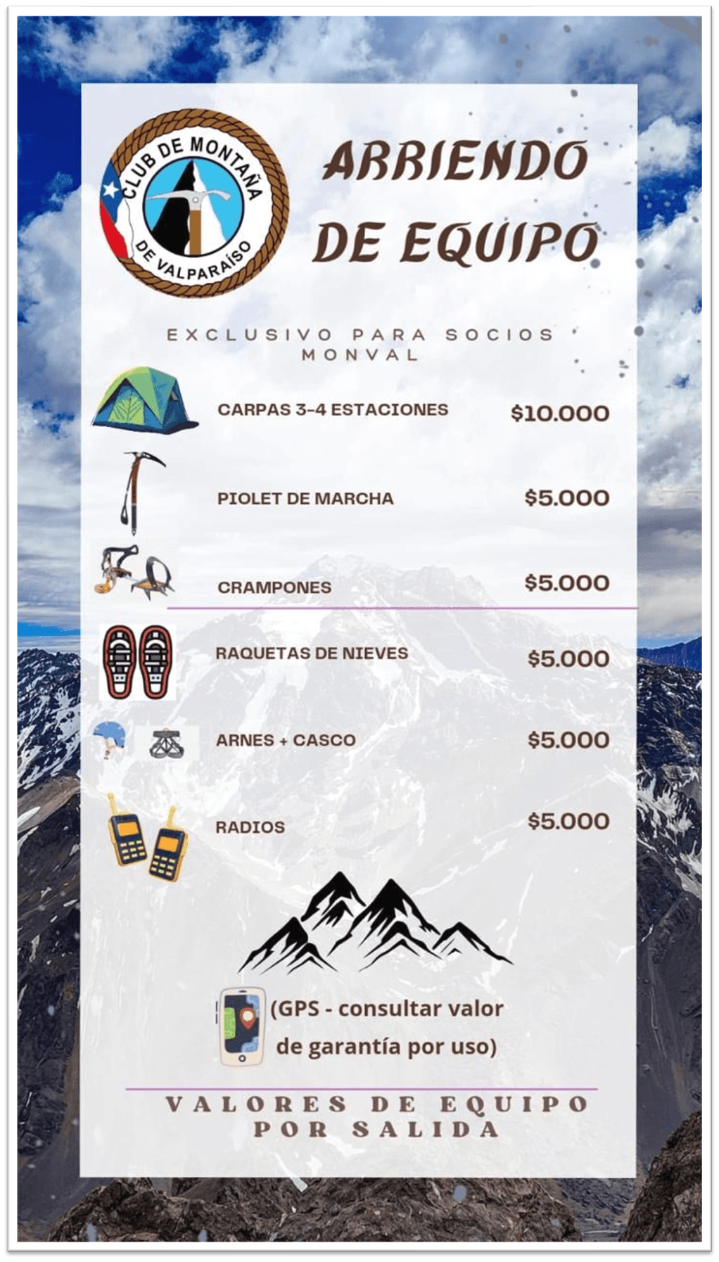 Precios de arriendo de equipos para socios del Club MONVAL